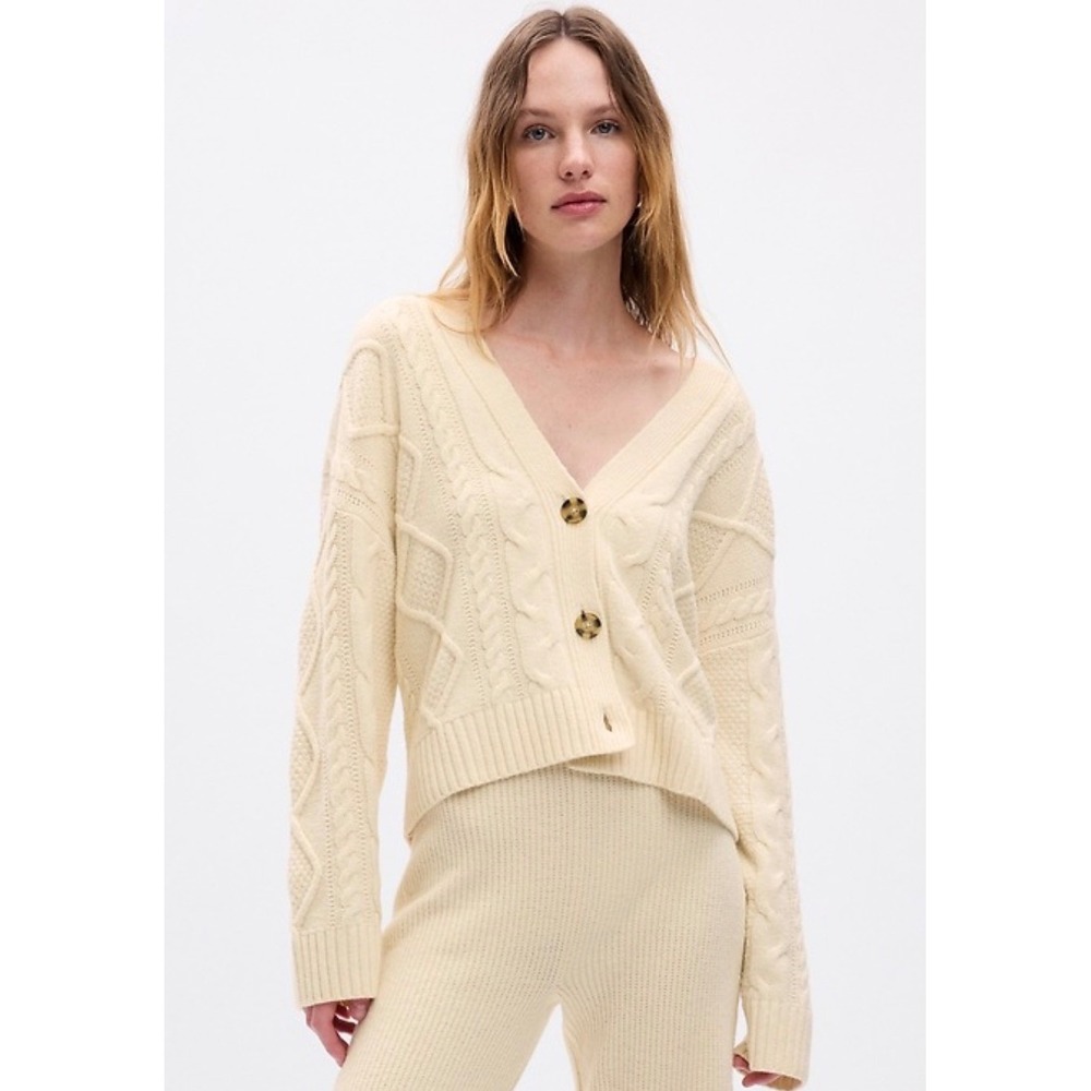 Gap CashSoft Cable Knit Cardigan Sweater Birch Cream Womens Medium Tall